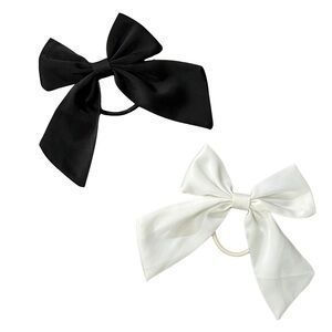 Elegant Satin Bows Hair Tie Lot of 2 Girly Ponytail Holders Black Off White